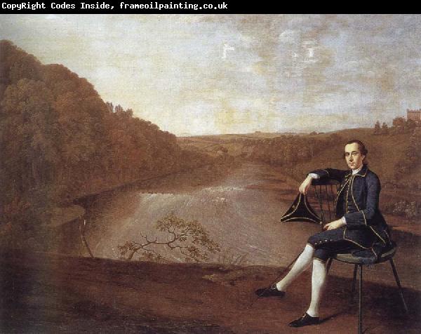 Arthur Devis Philip Howard Seated before a panorama of the river Eden at Corby Castle
